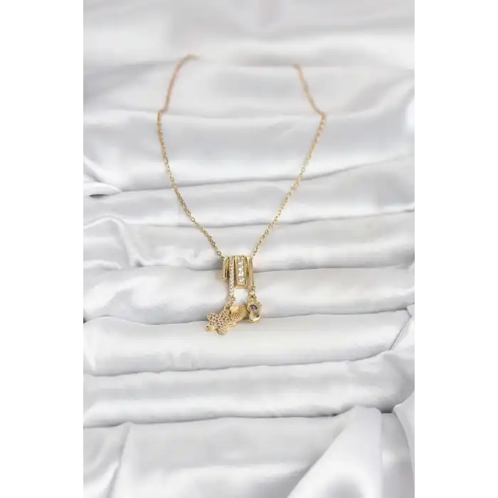 316L Çelik Gold Zirkon Taşlı Deniz Tema Charmlı Kadın Kolye