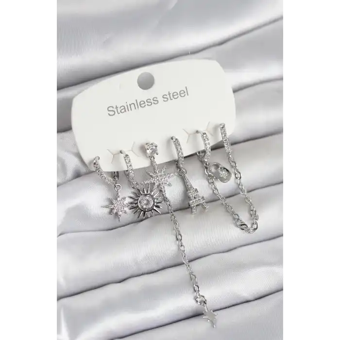316L Çelik Gümüş Renk 6lı Set Charmlı Kadın Küpe