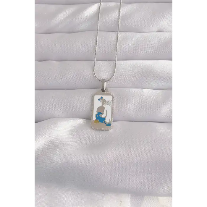 316L Çelik Gümüş Renk Beyaz Mineli Kız Figür Tarot Kolye