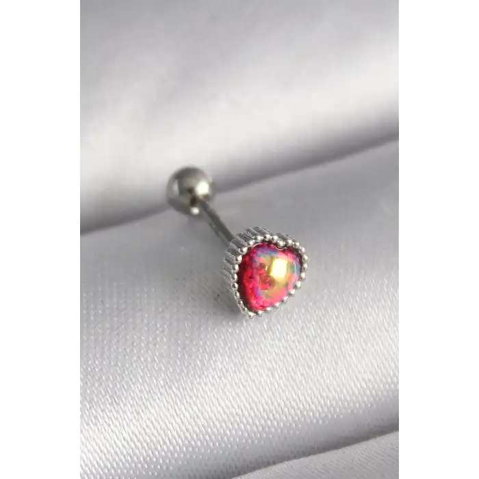 316L Çelik Gümüş Renk Kırmızı Mineli Kalp Tragus Piercing