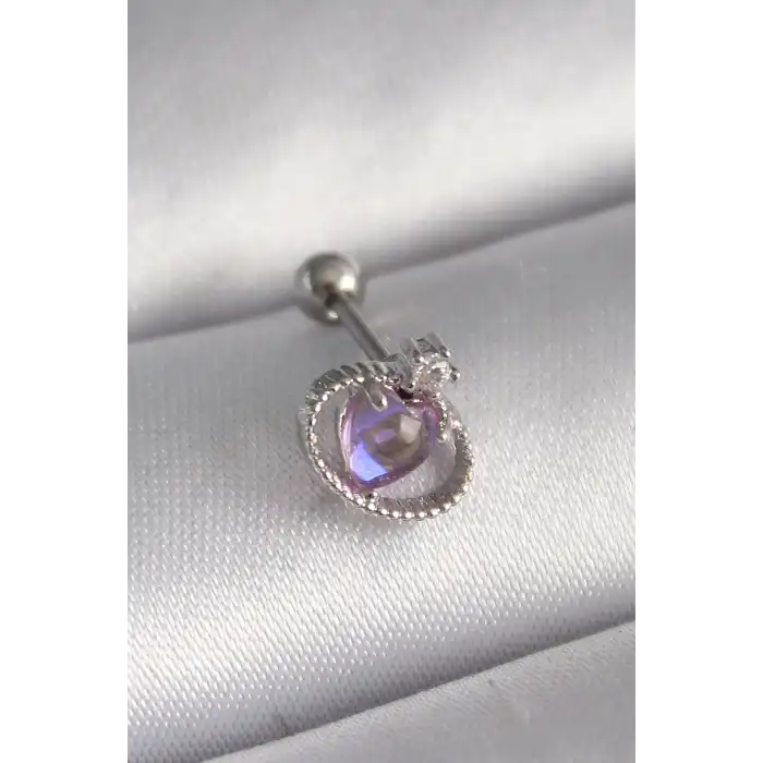 316L Çelik Gümüş Renk Mor Mineli Kalp Zirkon Taş Detay Tragus Piercing