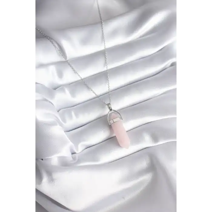 316L Çelik Gümüş Renk Pembe Taşlı Kadın Kolye