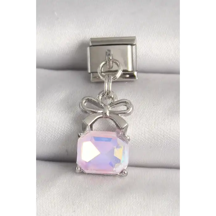 316L Çelik Gümüş Renk Pembe Zirkon Taşlı Çanta Model Nomination Charm
