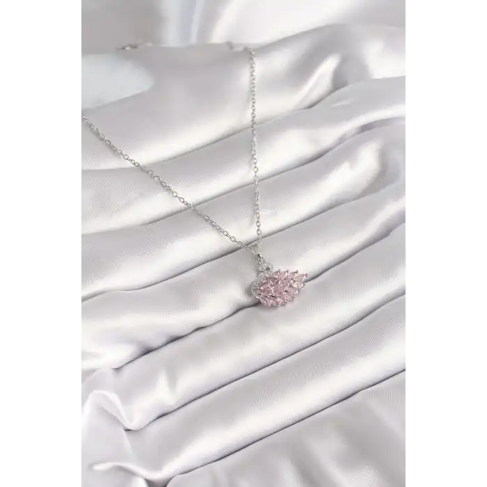 316L Çelik Gümüş Renk Zincir Pembe Zirkon Taşlı Kuğu Model Kadın Kolye