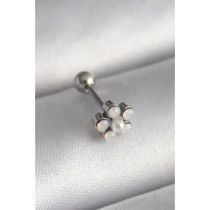 316L Çelik Gümüş Renk Zirkon Taşlı Çiçek Model Tragus Piercing