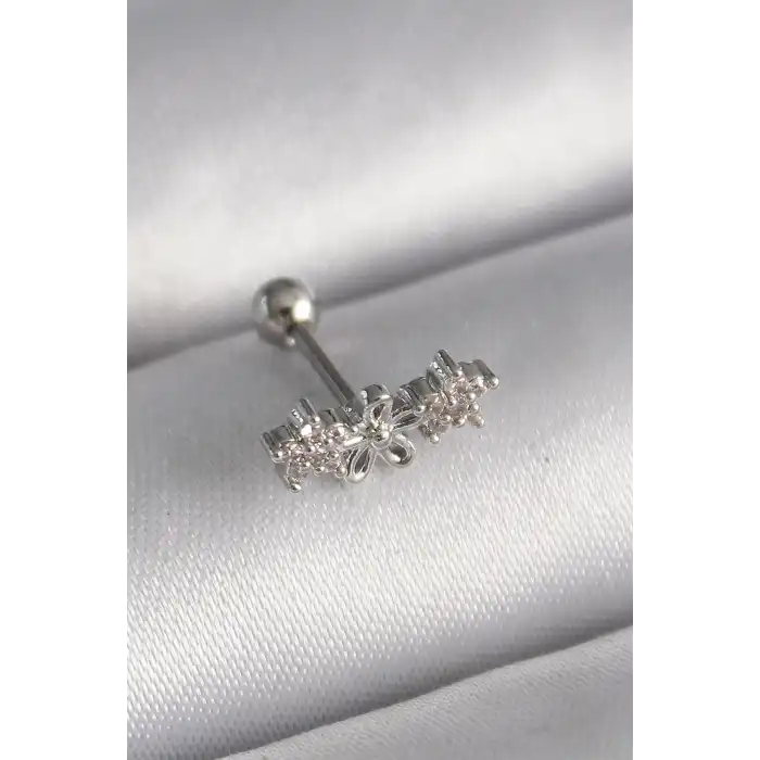316L Çelik Gümüş Renk Zirkon Taşlı Çiçek Tragus Piercing