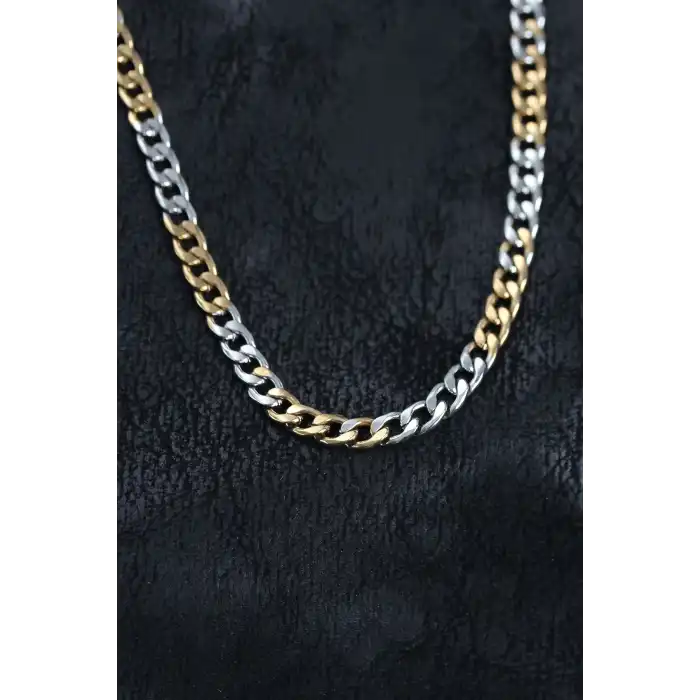 316L Çelik Gümüş ve Gold Renk Curb Erkek Kolye