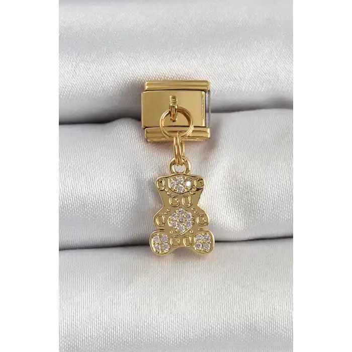 316L Çelik Sallantılı Zirkon Taşlı Ayıcık Model Gold Renk Nomination Charm