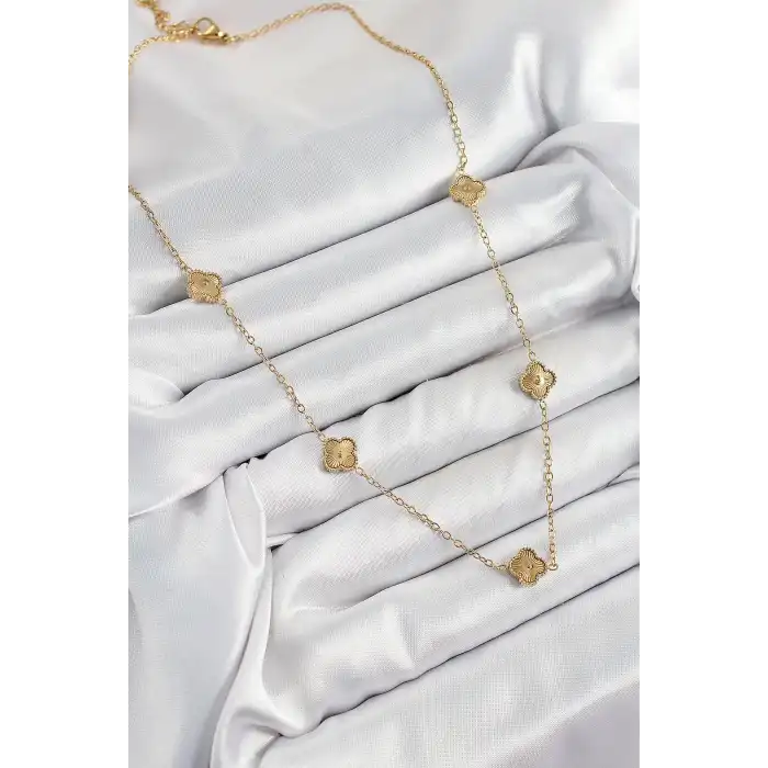 316L Çelik Yonca Model Gold Renk Kadın Kolye