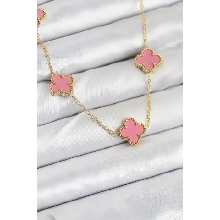 316L Çelik Zincir Gold Pembe Renk Yonca Kadın Kolye