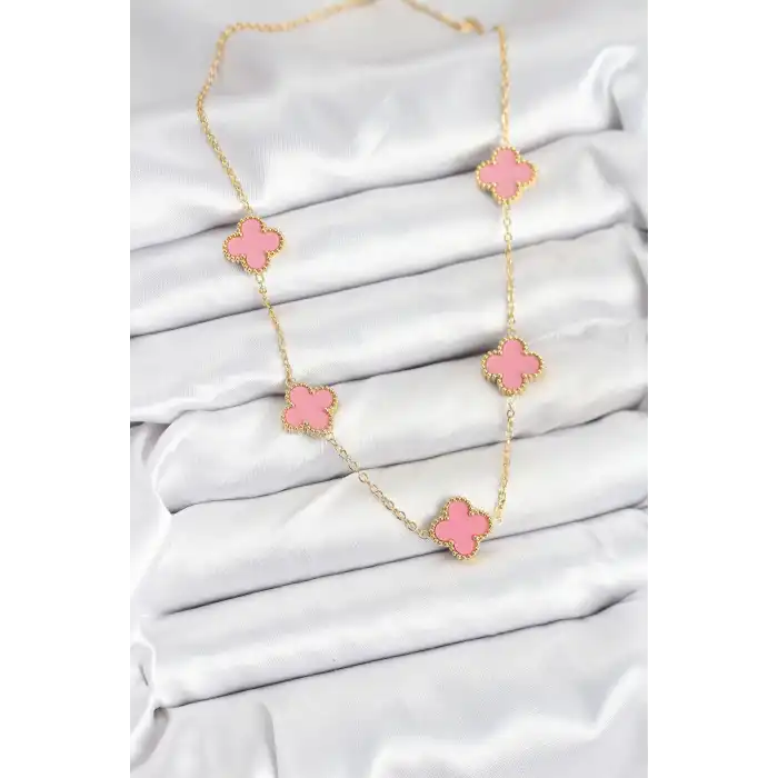 316L Çelik Zincir Gold Pembe Renk Yonca Kadın Kolye