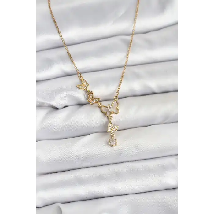 316L Çelik Zincir Gold Renk Kelebek Model Kadın Kolye