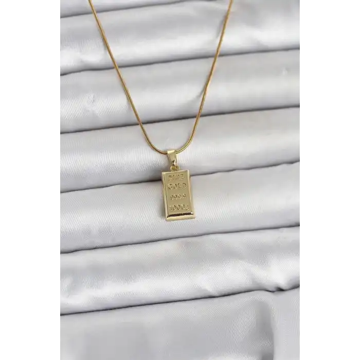 316L Çelik Zincir Gold Renk Külçe Altın Model Kadın Kolye