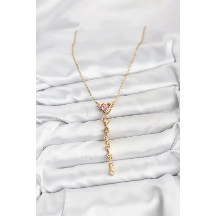 316L Çelik Zincir Gold Renk Pembe Kalp Kadın Kolye