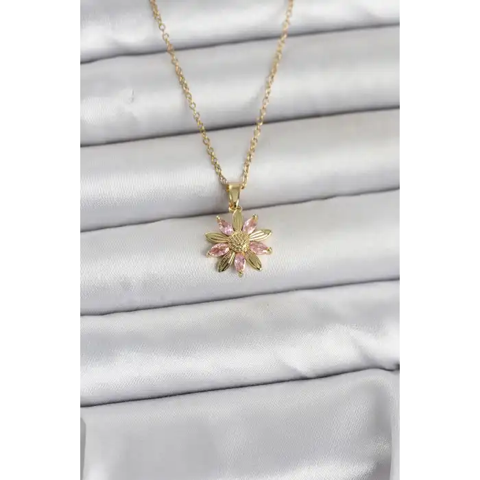 316L Çelik Zincir Gold Renk Pembe Papatya Model Kadın Kolye