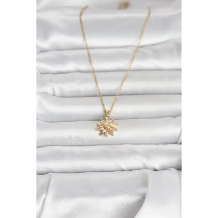 316L Çelik Zincir Gold Renk Pembe Papatya Model Kadın Kolye