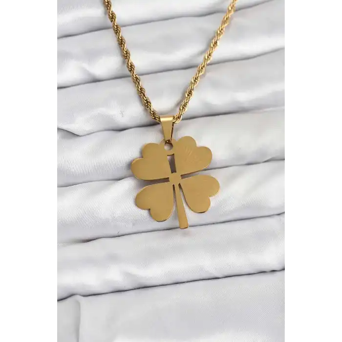 316L Çelik Zincir Gold Renk Yonca Model 60 cm Kadın Kolye