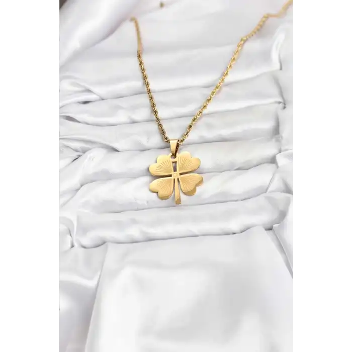 316L Çelik Zincir Gold Renk Yonca Model 60 cm Kadın Kolye