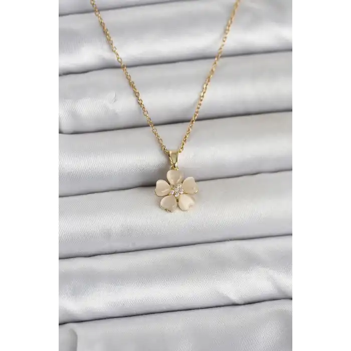 316L Çelik Zincir Gold Renk Yonca Model Kadın Kolye