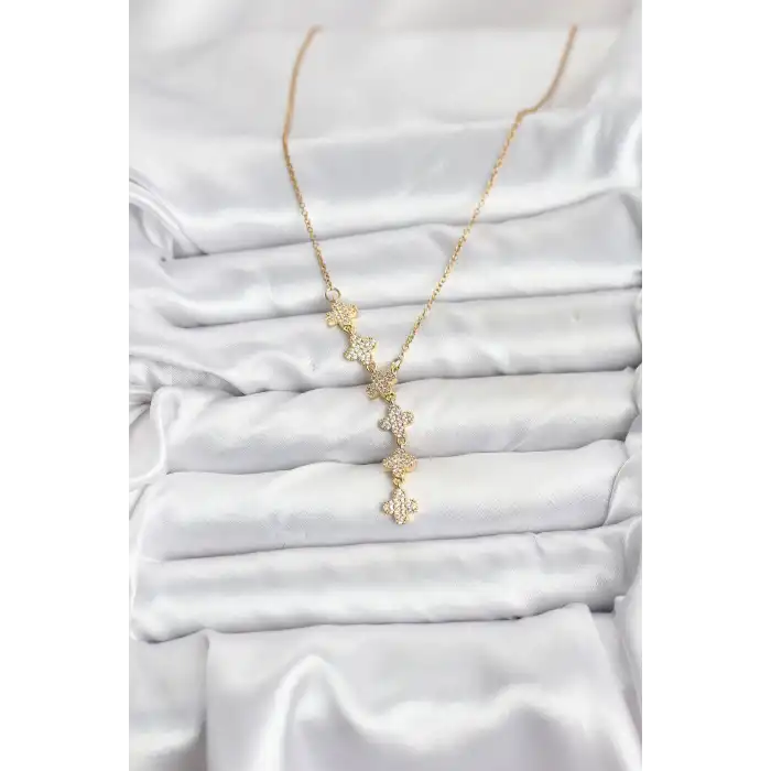 316L Çelik Zincir Gold Renk Yonca Model Kadın Kolye