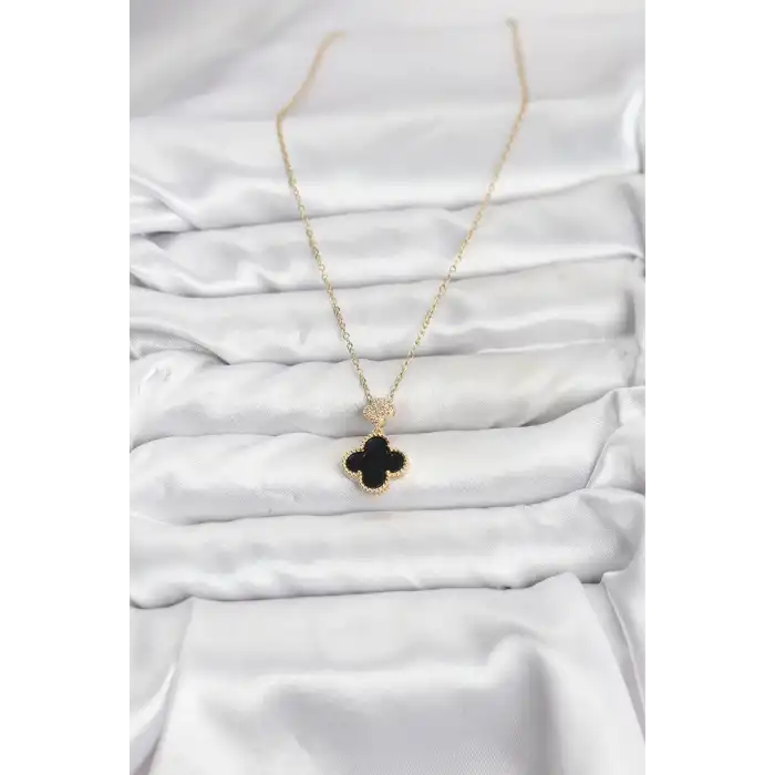 316L Çelik Zincir Gold Renk Yonca Model Zirkon Taşlı Kadın Kolye