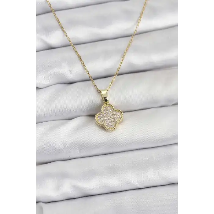 316L Çelik Zincir Gold Renk Zirkon Taşlı Yonca Model Kadın Kolye