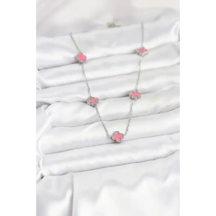 316L Çelik Zincir Gümüş Renk Pembe Baby Boy Yonca Kadın Kolye