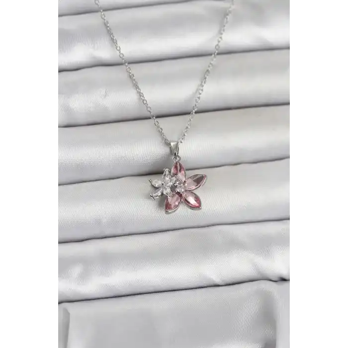 316L Çelik Zincir Gümüş Renk Pembe Lotus Model Kadın Kolye