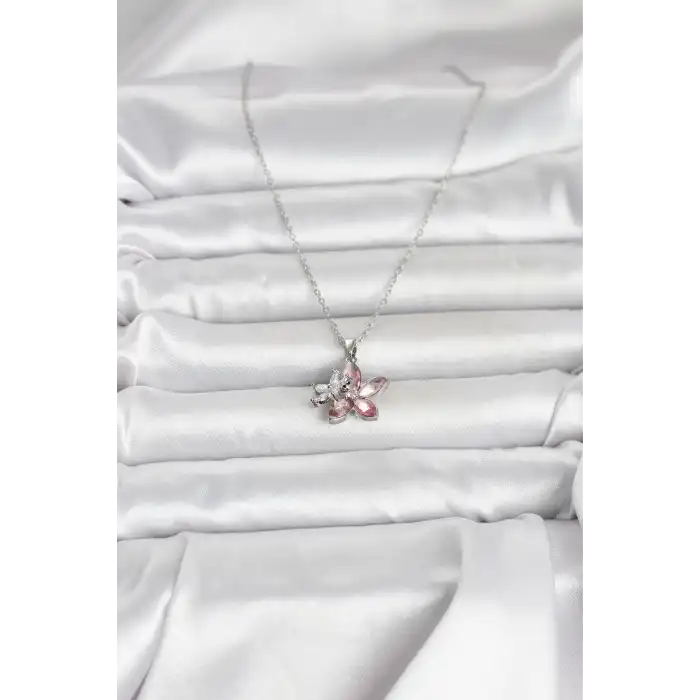 316L Çelik Zincir Gümüş Renk Pembe Lotus Model Kadın Kolye