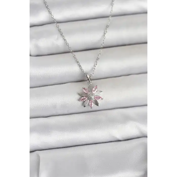 316L Çelik Zincir Gümüş Renk Pembe Papatya Model Kadın Kolye