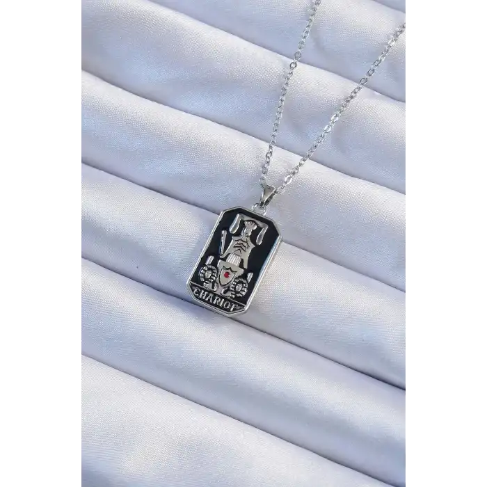 316L Çelik Zincir Gümüş Renk Siyah Mineli Tarot Kolye