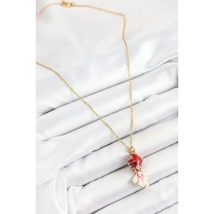 316L Çelik Zincir Kırmızı Balık Model Gold Renk Kadın Kolye