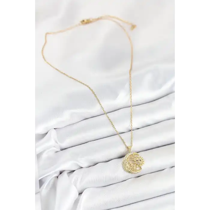 316L Çelik Zirkon Taşlı Ay Ve Güneş Model Gold Renk Kadın Kolye