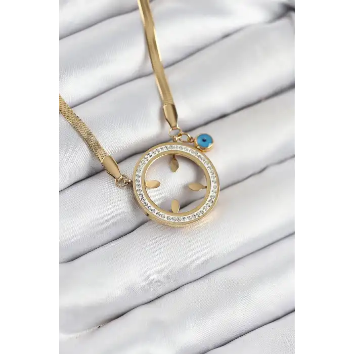 316L Çelik Zirkon Taşlı Çeyrek Takılabilir Gold Renk Kadın Kolye