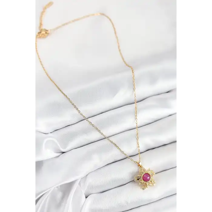316L Çelik Zirkon Taşlı Döner Güneş Model Gold Renk Kadın Kolye