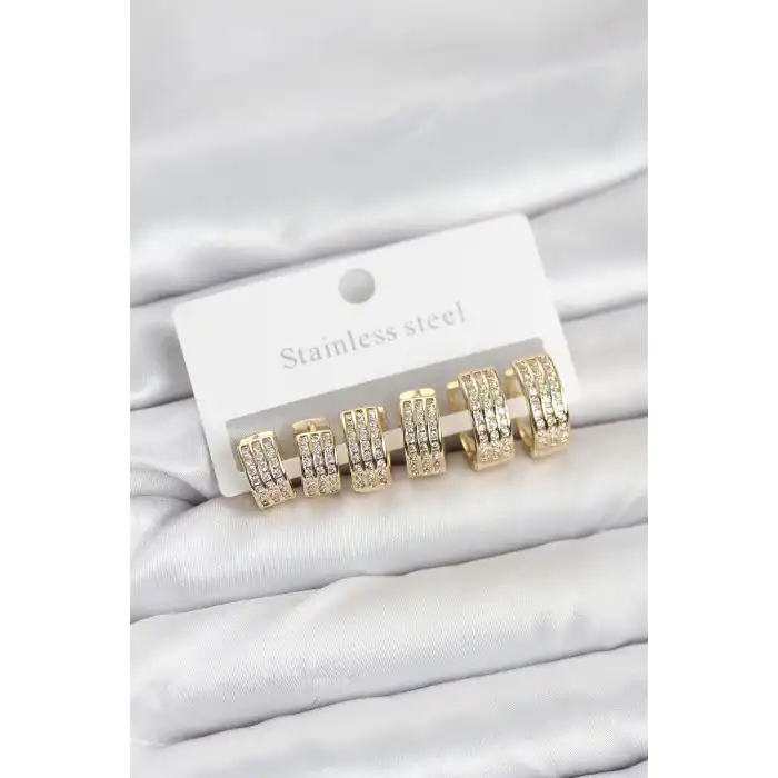 316L Çelik Zirkon Taşlı Gold Halka Küpe Seti