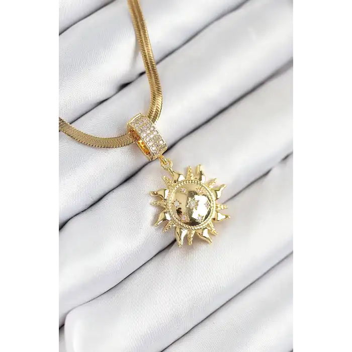 316L Çelik Zirkon Taşlı Güneş Model Gold Renk Kadın Kolye