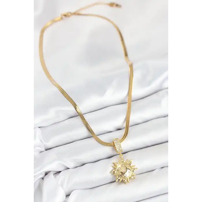 316L Çelik Zirkon Taşlı Güneş Model Gold Renk Kadın Kolye