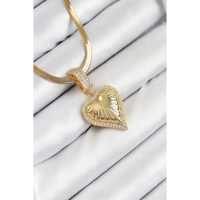 316L Çelik Zirkon Taşlı Kalp Model Gold Renk Kadın Kolye