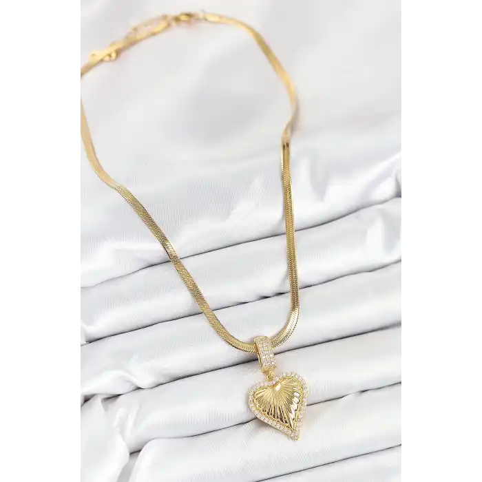 316L Çelik Zirkon Taşlı Kalp Model Gold Renk Kadın Kolye