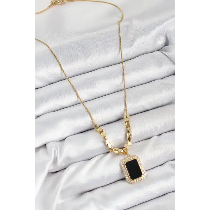 316L Çelik Zirkon Taşlı Siyah Baget Model Gold Renk Kadın Kolye
