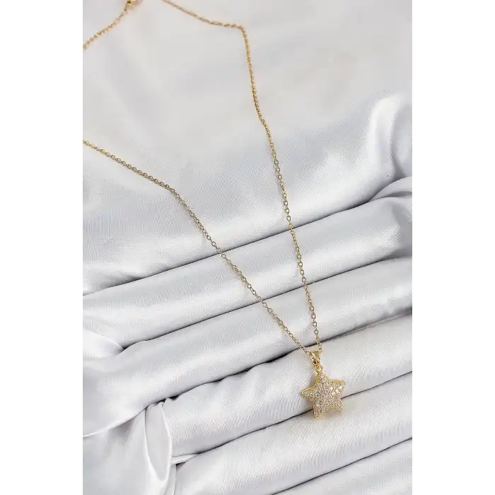 316L Çelik Zirkon Taşlı Yıldız Model Gold Renk Kadın Kolye