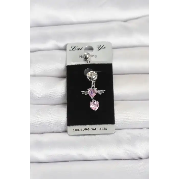 316L Cerrahi Çelik Pembe Zirkon Taşlı Kanat Model Göbek Piercing