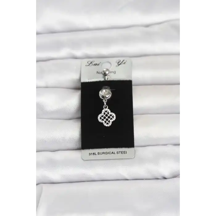 316L Cerrahi Çelik Zirkon Taşlı Sallantılı Yonca Model Göbek Piercing