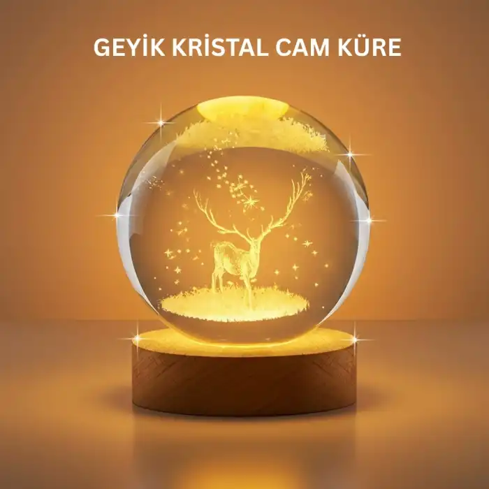 3d Geyik Desenli Kristal Küre Usb Işıklı Ahşap Tabanlı Oda Lambası