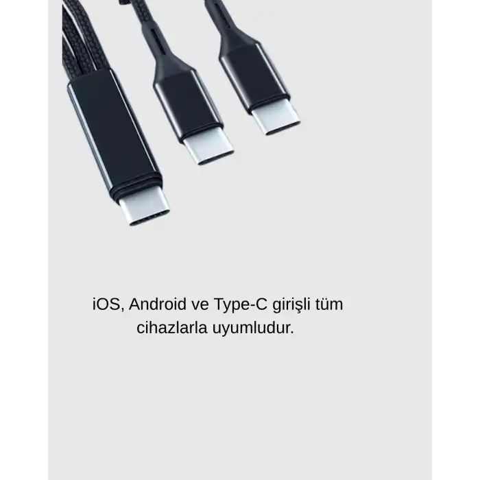3’ü 1 Arada Şarj Kablosu Type-C iOS Android Uyumlu Hızlı ve Güvenli Şarj