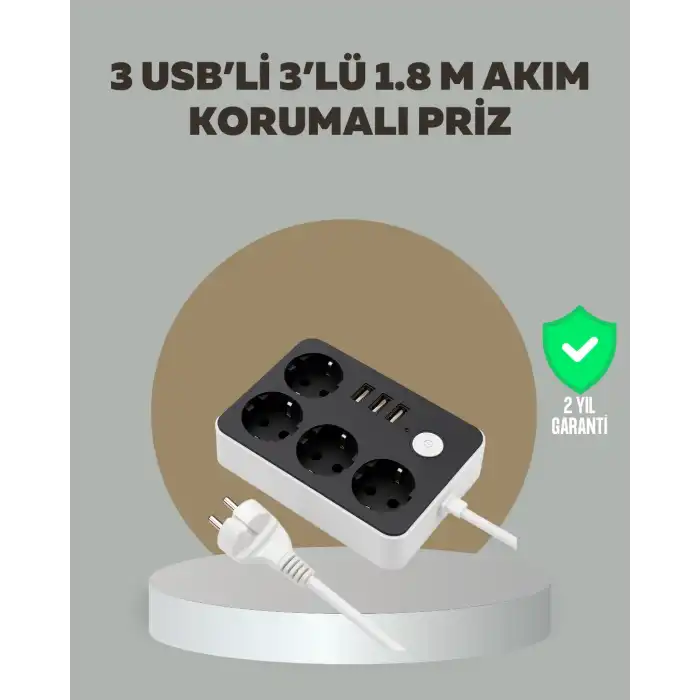 4 Prizli 3 USB Portlu Anahtarlı Akım Korumalı Priz