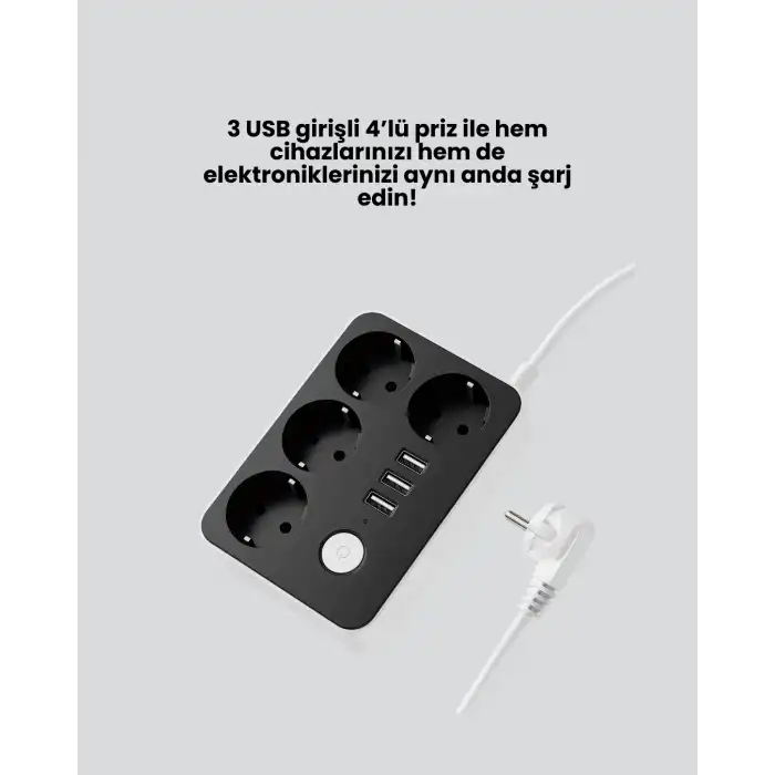 4 Prizli 3 USB Portlu Anahtarlı Akım Korumalı Priz