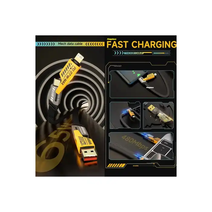 4in1 PD 65 Watt Type-C/27 Watt iPhone Halat Örgü Kırılmaz Uç 1MT Hızlı Şarj ve Data Kablosu fp98