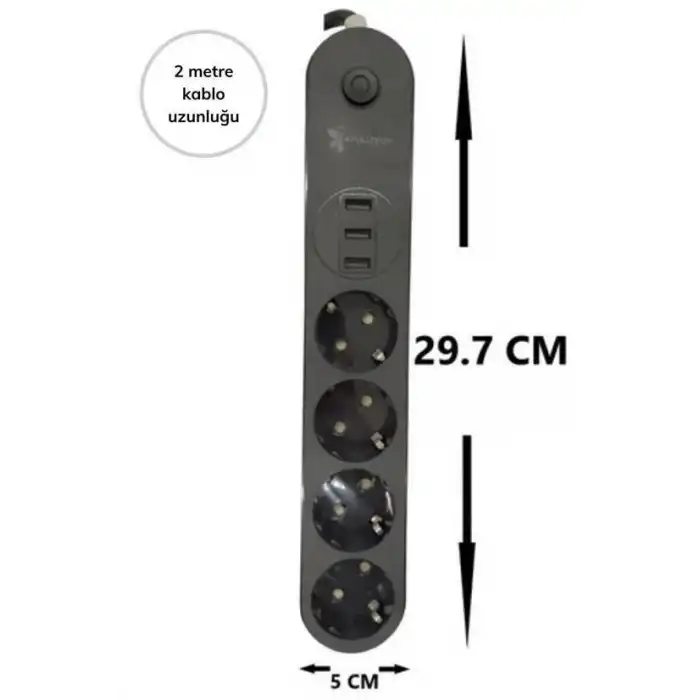 4lü Siyah Anahtarlı 3 Usb Li Akım Korumalı Topraklı Çocuk Korumalı Grup Priz 2 Metre